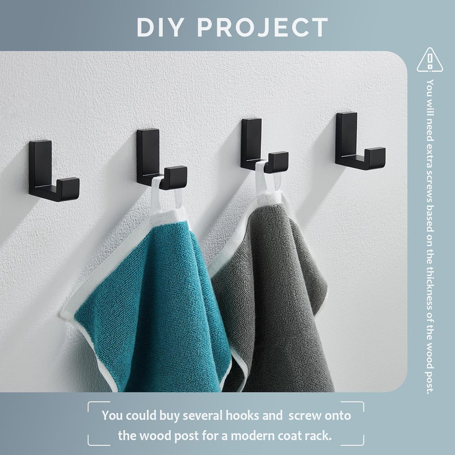 Angle Simple Bathroom Towel Hooks, SUS 304 Stainless Steel Robe Coat Holder Hanger Wall Mounted, Matte Black, 4 Pack