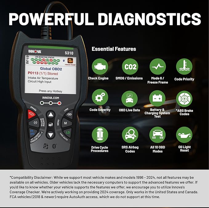 INNOVA 5310 OBD2 Scanner – ABS & SRS Code Reader, Check Engine Light Diagnostic Tool with Battery Test, Oil Reset, Live Data – Works with Most OBDII Vehicles 1996 & Newer