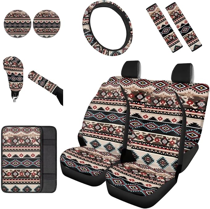 Dreaweet Southwestern Tribal Car Seat Covers Full Set Navajo Geometric Decor Front and Back Seat Covers with Steering Wheel Cover,Armrest Pads,Seat Belt Pads,Coasters,Gear Shift & Handbrake Cover