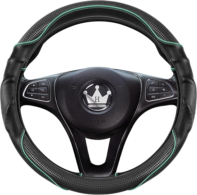 HighnessHwoo 3D Car Steering Wheel Cover Comfort Grip Massage Sporty Anti-Slip Carbon Fiber Faux Leather for F150, Trucks, Jeep, Van, Car Handle Covers for All Seasons, 15.2-16in, Green
