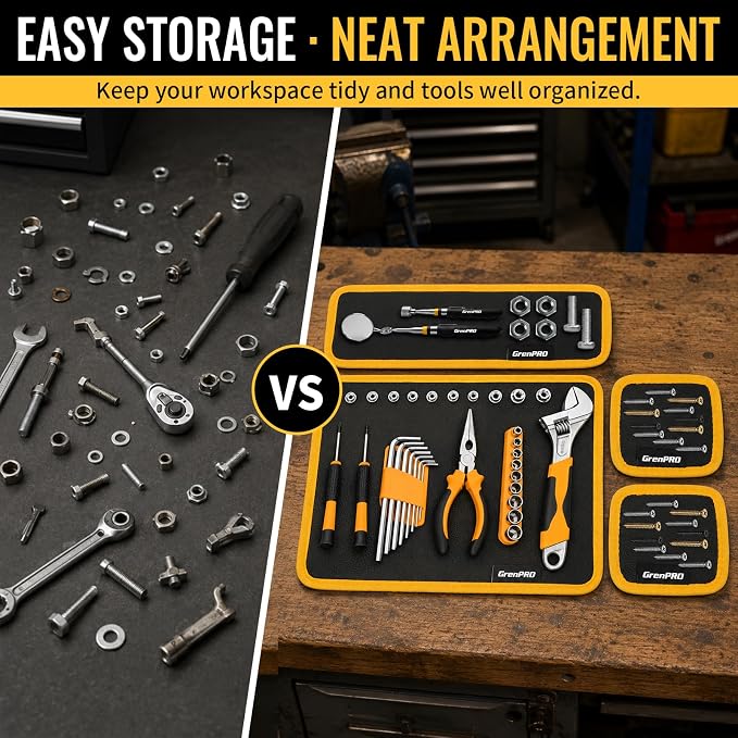 GRENPRO Magnetic Tool Mat & Tray Holder, PVC Non-Slip Organizer for Auto Repair, 6 Pack: 3 Mats + Pickup + Inspection Mirror