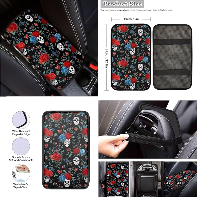 Skull Rose Design Car Seat Cover Full Set with Car Steering Wheel Cover, Auto Armrest Pad Protector, Auto Seat Belt Pads, Automotive Interior Accessories Set of 8, Helloween Decorations