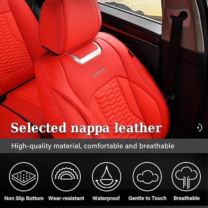 Coverado Seat Covers Front Seats, Luxury Leather Red Car Seat Cover, Waterproof Automotive Car Seat Covers Protector Interior Accessories Universal Fit Most Sedans, SUVs, Pick-up Trucks
