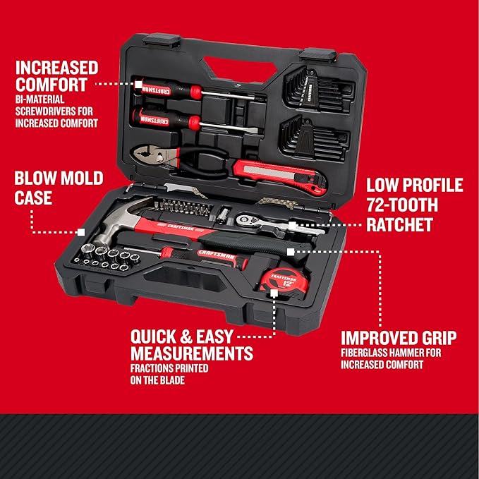 CRAFTSMAN 57 Piece Mechanics Tool Set Home Tool Set, Sockets, Ratchet, Screwdrivers, Hammer, Pliers, Hex Keys, Specialty Bits Hand Tools (CMMT99447)