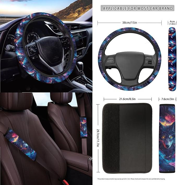 Galaxy Wolf Print Car Front Back Seat Cover Set of 15 Steering Wheel Covers Seatbelt Strap Pad Garbage Cans Air Vent Storage Holder Rear View Mirror Cover Cup Holder Key Chain