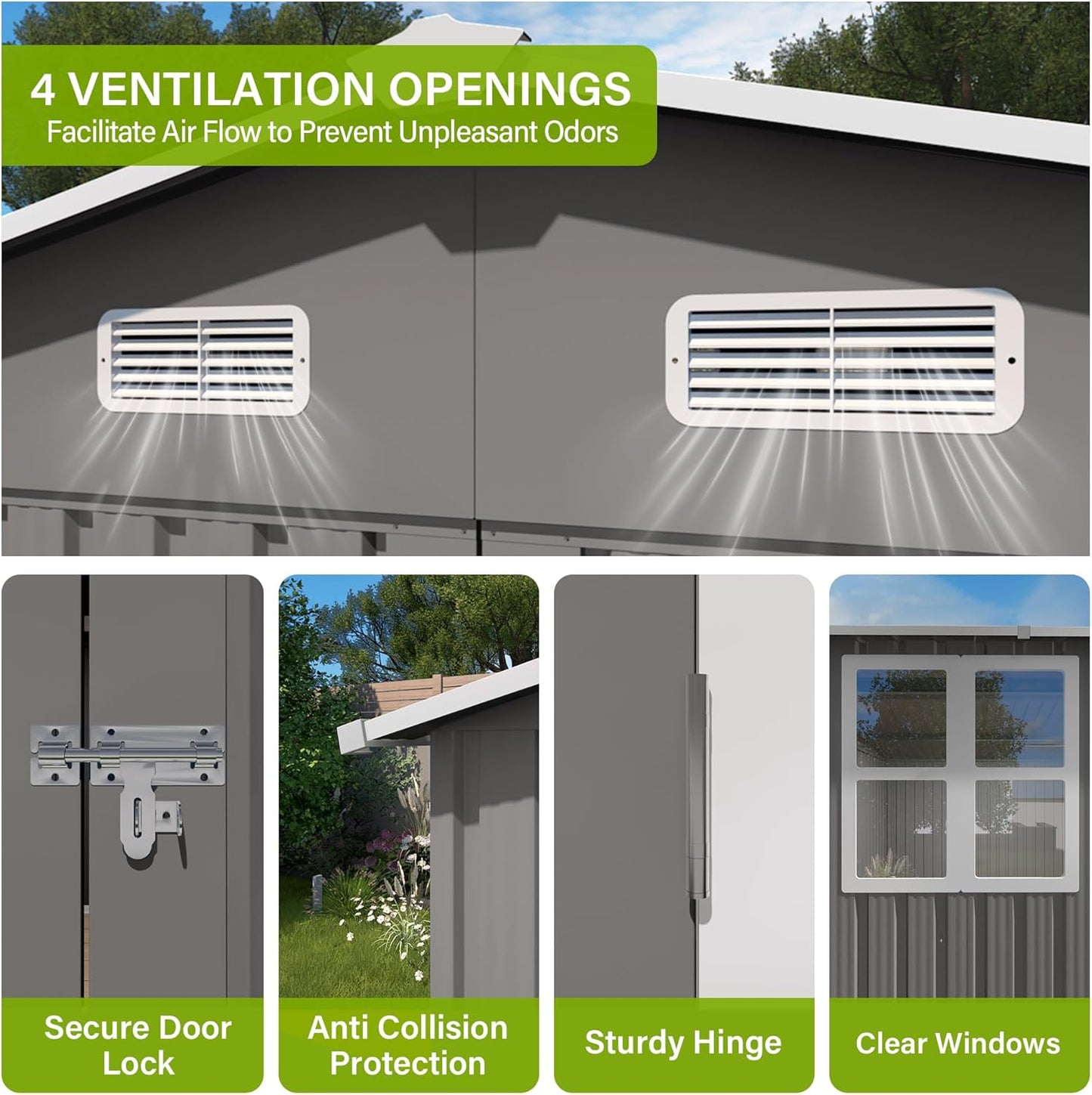 10 x 14 FT Large Outdoor Storage Shed w/ 2 Windows, Heavy Duty Metal Garden Sheds with 3 Lockable Door & Air Vents, Waterproof Tool House for Bicycles, Tools, Backyards, Patios, Lawns, Gray