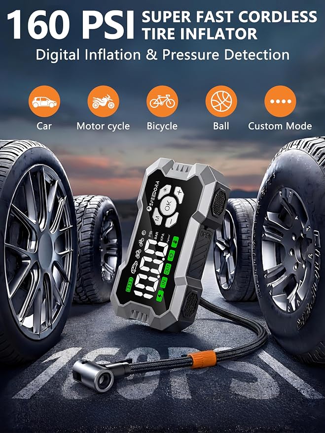 Jump Starter with Air Compressor, SPEEDORA 8000A Portable Car Battery Jump Starter for (All Gas/12L Diesel Engines), 160PSI Tire Inflator, 3.3" Screen,600LM Light, Jumper Cables,12V Car Booster Pack