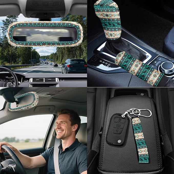 Navajo Tribal Car Seat Covers Full Set 18 Pieces Aztec Tribal Car Accessories Set Car Trash Can Steering Wheel Cover Car Headrest Covers Car Seat Belt Pads Cover,Easy to Install