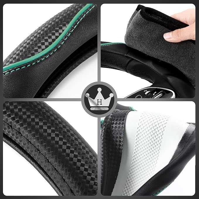 HighnessHwoo 3D Car Steering Wheel Cover Comfort Grip Massage Sporty Anti-Slip Carbon Fiber Faux Leather for Sedan SUV, Universal Fit, Car Handle Covers for All Seasons, 14.75-15.15in, Green
