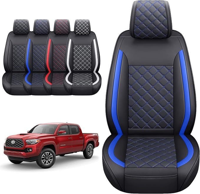 Tomatoman Tacoma Seat Covers Customized for 2005-2025 2026 Sport Extended SR V6 Crew Cab, Waterproof Faux Leather Car Cushions(2 PCS Front, Black-Blue)