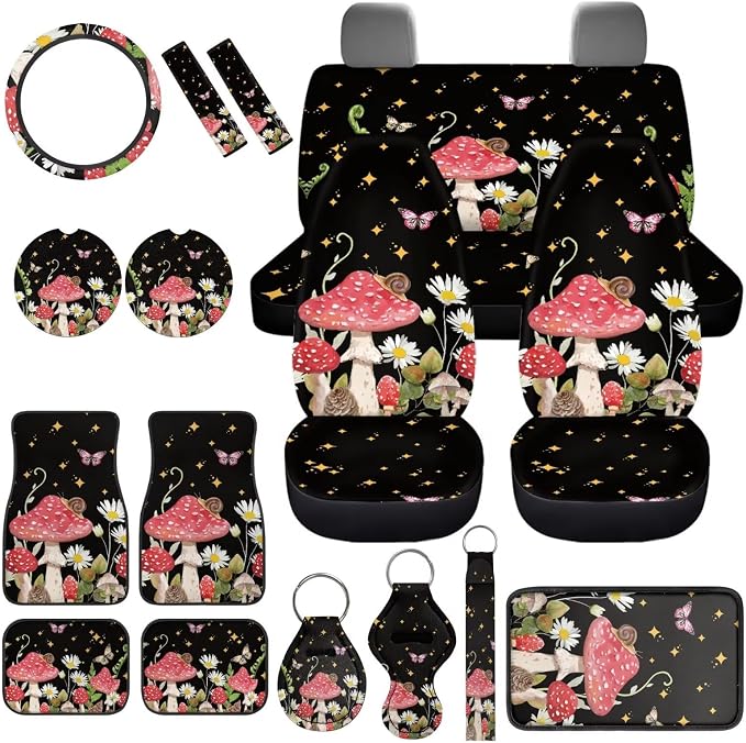 Butterfly Car Seat Covers Full Set of 17 Pcs Mushroom Car Accessories with Steering Wheel Auto Covers,Steering Wheel Car Covers,Seat Belt Pads,Armrest Pad,Butterfly Car Floor Mats Set of 4