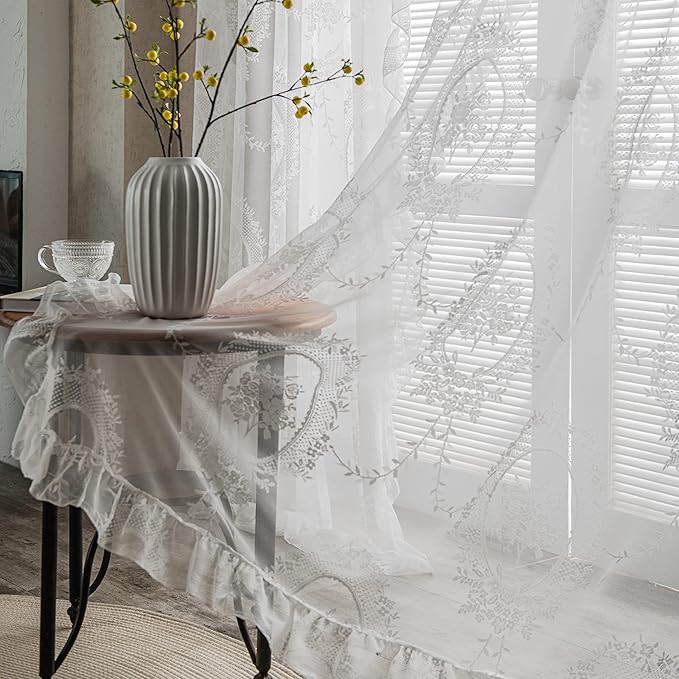Sutuo Home White Lace Curtains 2 Panels 72 Inches Long for Bedroom Living Room, Vintage Embroidered Floral Rose Sheer Curtains, Privacy Farmhouse Windows Treatment Pair, Rod Pocket, W57 x L72