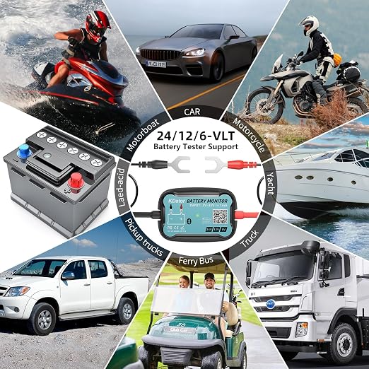 24V 12V 6V Bluetooth Battery Monitor BM7–Work for All Lead-Acid & Lithium Battery with Charging, Cranking System Test & Auto Alarm – Waterproof Voltmeter for Cars, Vans, Trucks, Motorcycles, Boats