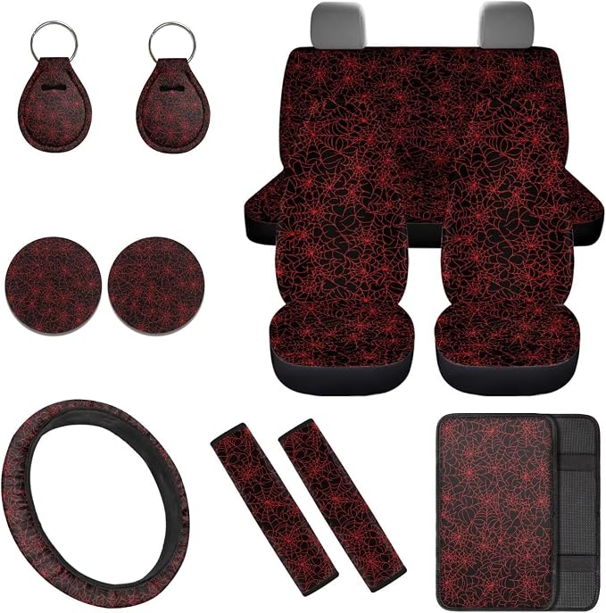 Halloween Spider Web 12 Pack Car Seat Covers Full Set with Auto Seat Belt Cover Car Armrest Cushion Cars Cup Coasters Steering Wheel Cover Universal Fit Most Cars SUV