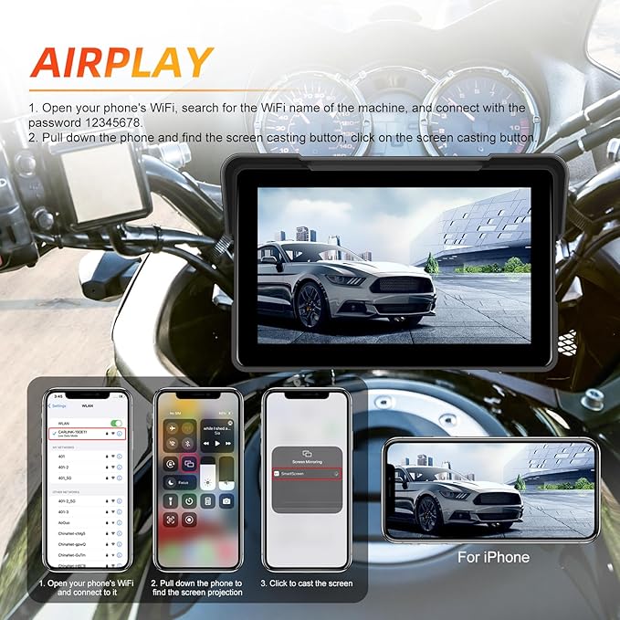 CAMECHO Motorcycle CarPlay Screen, 7" Waterproof Portable Wireless Apple Carplay Android Auto for Motorbike, Touchscreen Car Stereo Support Dual Bluetooth, Mirror Link, EQ, Voice Control