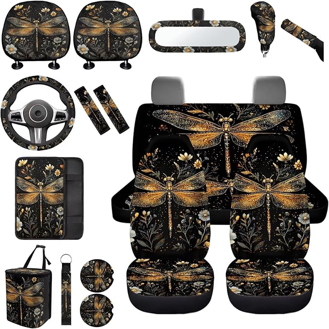 Dragonfly Car Seat Covers Full Set of 17 Pcs,Dragonfly Flowers Car Aaccessories Set with Steering Wheel Covers,Dragonfly Auto Seat Head Rest Protector for Auto Front Seat Rest Decoration