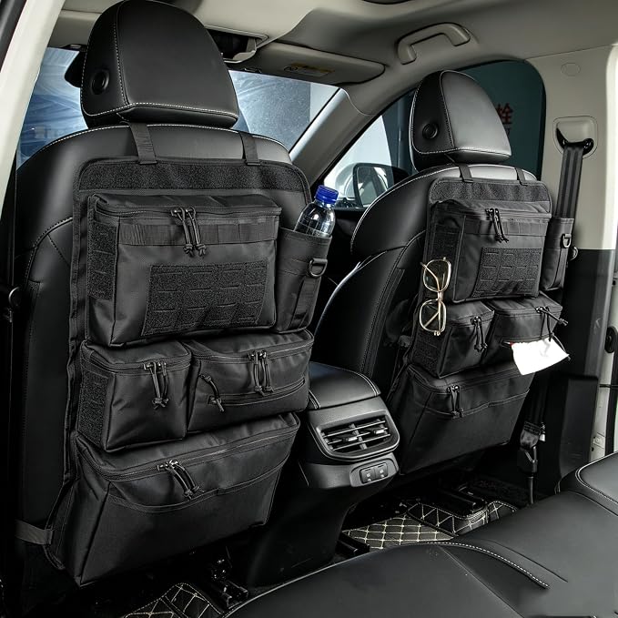 6 Pack Tactical Molle Car Seat Back Organizer - Tactical Vehicle Panel Organizer with 5 Detachable Molle Pouch,US Flag Patch and Keychain,Car Backseat Organizer,Great Trunk Accessories for Man