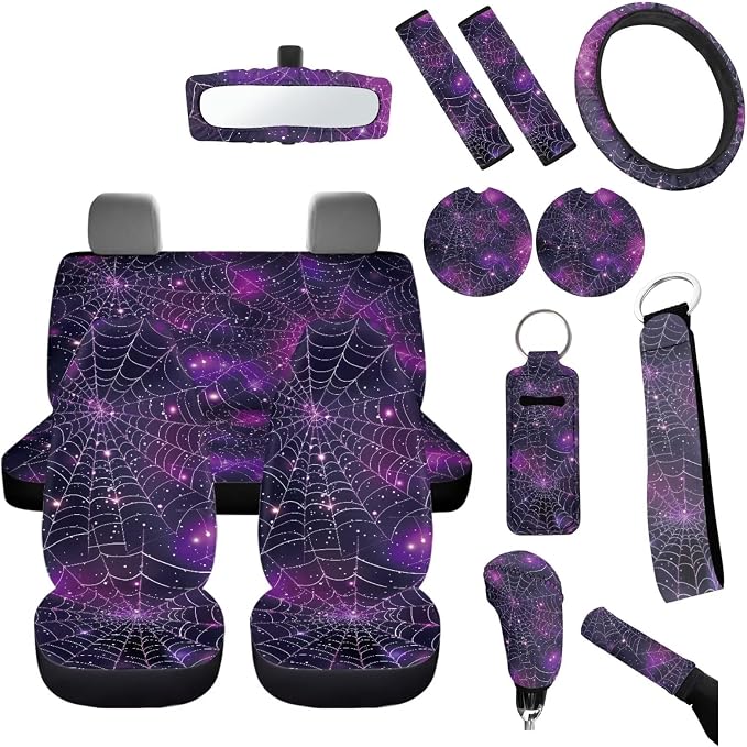 Halloween Galaxy Spider Web Car Seat Covers Set for Front Rear Seats,14Pcs Halloween Theme Car Steering Wheel Cover,Seatbelt,Keychain,Car Interior Mirror Covers,Vehicle Coaster,Univesal Fit