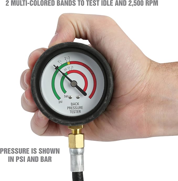 OEMTOOLS 37263 Exhaust Back Pressure Tester/Gauge Kit, Exhaust Gauge Diagnoses Catalytic Converter Issues, Oxygen Sensor Adapter, psi/Bar Readings