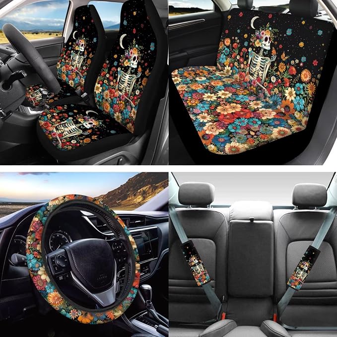 Lotusorchid Skeleton Floral Print Seat Covers for Cars Full Set, Decorative Auto Seat Covers Seatbelt Cover and Armrest Cover for Car, Removable Automobile Interior Sets