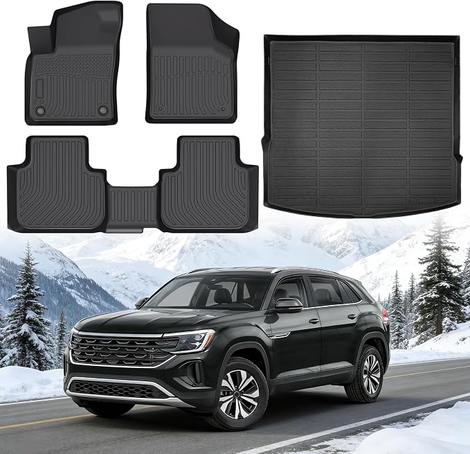 Floor Mats for Volkswagen VW Atlas Cross Sport 5 Passenger 2020-2025, Custom Fit Heavy Duty TPE All Weather Protection, Waterproof Non-Slip Black (Two-Row Floor Mats & Cargo Liner)