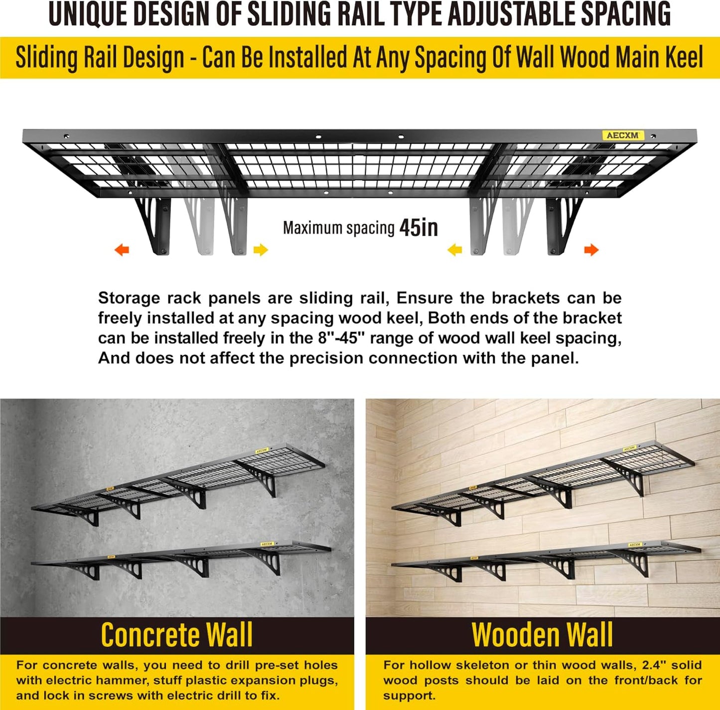 1.64x4ft 4Pack Wire Shelving Unit Heavy Duty Garage Storage Shelves Wall Mounted Black 1120lbs Load Capacity（20-inch-by-48-inch）