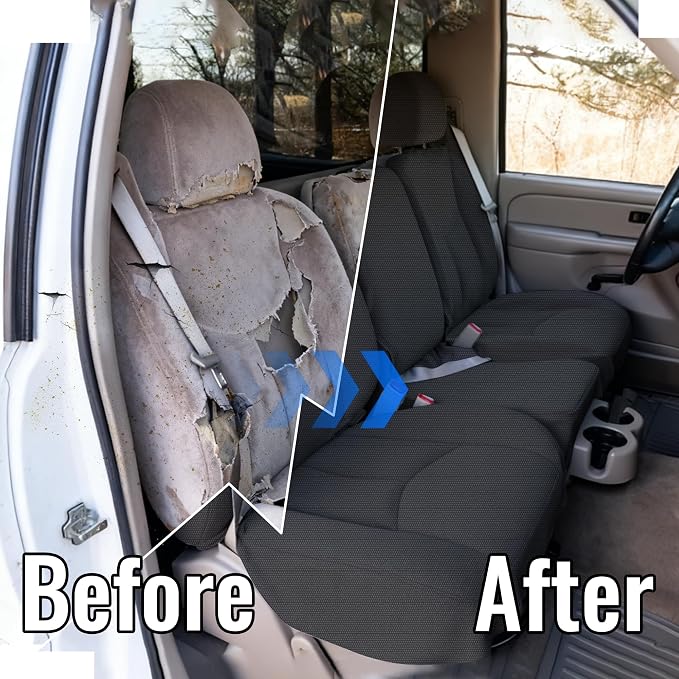 Front Thickened Composite Fabric Seat Covers for Chevy Silverado GMC Sierra 1500 1999-2006 & Classic,Foam-Padded Protection-Black