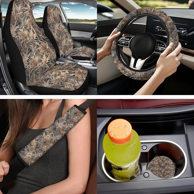 Bulopur Duck Hunting Camo Automotive Seat Covers Full Set with Matching Car Steering Wheel Cover Washable Armrest Cushion Pad Removable Seat Headrest Cover 14 Pack Auto Interior Decor Set