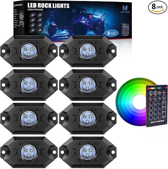 MICTUNING 8 Pods RGB Rock Lights Kit with RF Remote Control IP68 Waterproof | RGB Multi-colors Effect, Freely Adjustable Brightness, Easy to Install, 2-Year Warranty