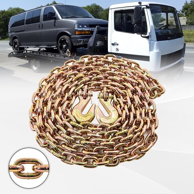 Heavy Duty G80 Transport Binder Chain 1/2'' Inch x 20 Feet,Tow Chain with G70 Clevis Grab Hooks,12000 lbs Safe Working Load Logging Chain for Transporting, Towing(1/2'' x 20FT Yellow).