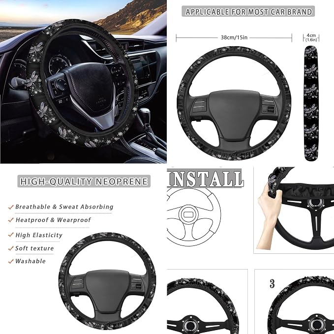 9 Piece Dragonfly Print Seat Covers for Women Set, Breathable Stretchy Auto Car Seat Cover with Steering Wheel Cover Safety Belt Pads Universal Fit for Cars Trucks SUV, Black