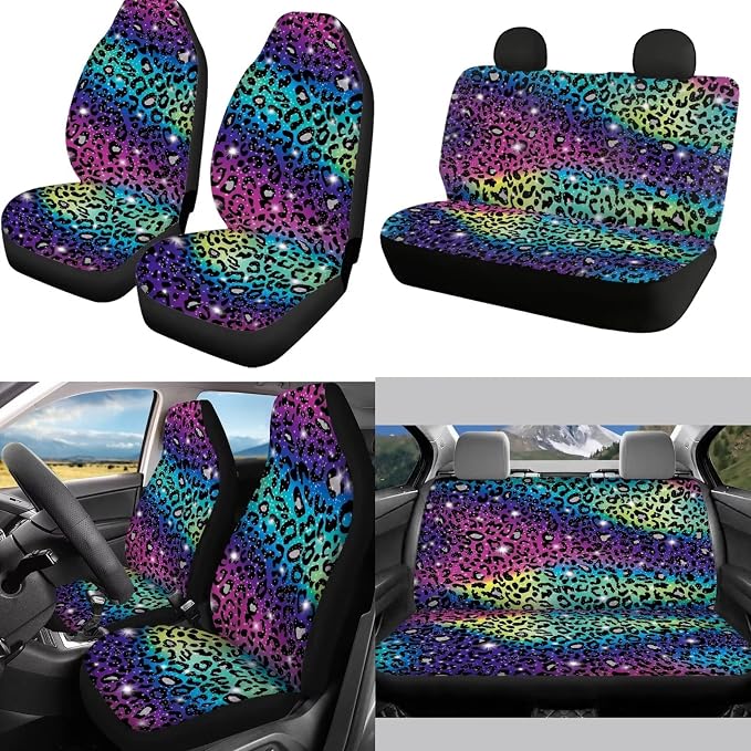 Mumeson Bright Leopard Skin Design Car Seat Covers Set with Steering Wheel Cover, Seat Belt Shoulder Pads,Car Armrest Cushion of Car Full Set of 8 Pieces Auto Interior Protector Set for Womens