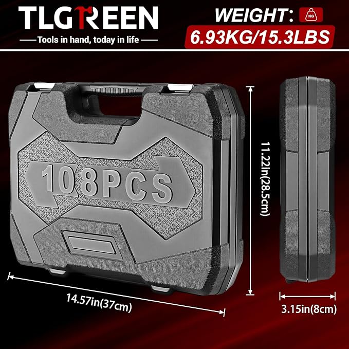 TLGREEN 108 Pcs Mechanic Socket Tool Kit,CR-V Steel Metric And 1/4" & 1/2" Ratchet set,Universal Joint,Extension Bars,Adapter,Quick Release Ratchet Wrench,Tool Box Set for Car Garage Dorm