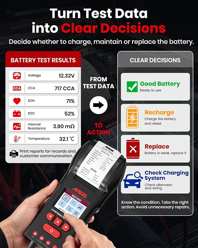 ANCEL BST600 12V 24V Battery Tester with Printer, 100-2000 CCA Lead-Acid Battery Load Tester, Automotive Starter Alternator Cranking Charging System Analyzer for Cars Trucks RV Marine Motorcycles