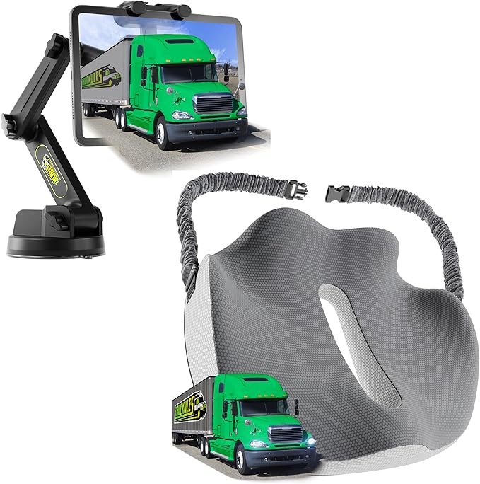 Semi Truck Tablet Mount & Truck Seat Cushion, Heavy Duty Tablet & iPad Holder Compatible for Dashboard Windshield Window & Ultimate Memory Foam Trucker Seat Cushion (1 TM & 1 SC)