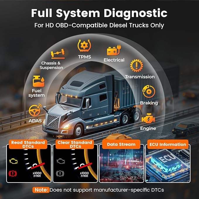 ANCEL HD120 Heavy Duty Truck Scanner with ANCEL Waterproof Storage Case Bag, Full-System Diagnostics, Supports HD-OBD & Basic OBD2, Free Lifetime Updates