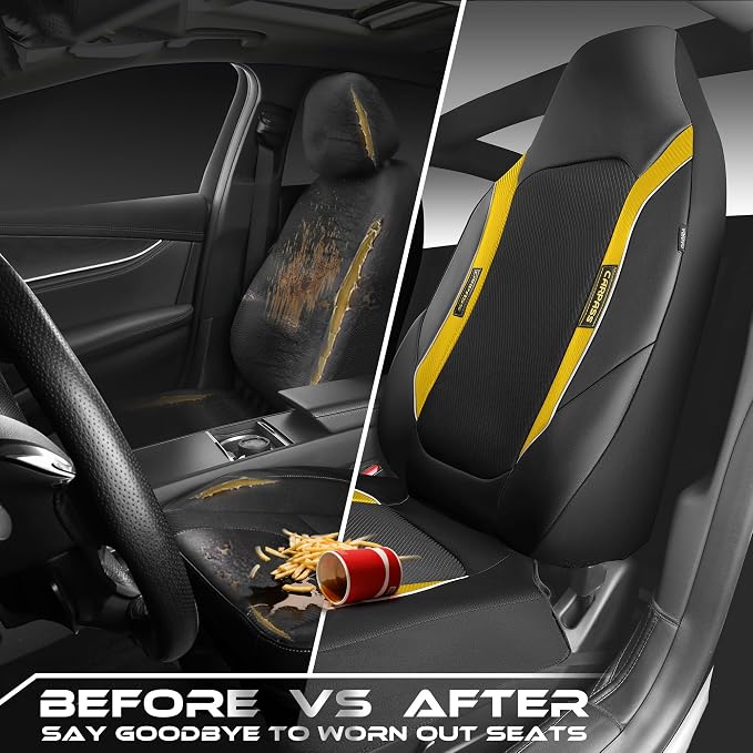 CAR PASS Sporty High Back 3D Oxford Waterproof Car Seat Cover Two Front, Universal Carbon Fiber Leather Bucket Seat Cover All Weather, Airbag Compatible Fit Sports Car SUV Sedan Truck Black Yellow