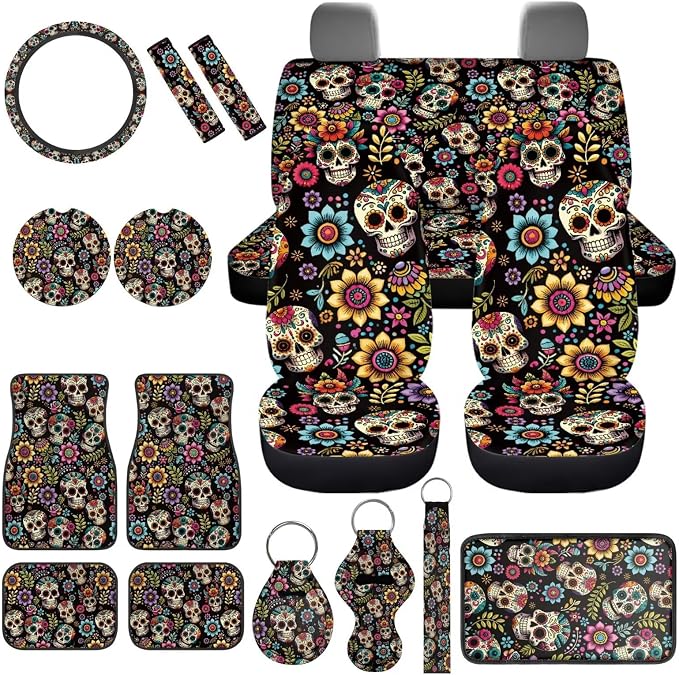 Skull Flower Car Seat Covers Full Set with Front and Split Rear Bench 17 Pack Skull Hippie Flower Car Accessories Set with Car Floor Mats Seat Belt Cover Steering Wheel Covers,Universal Fit