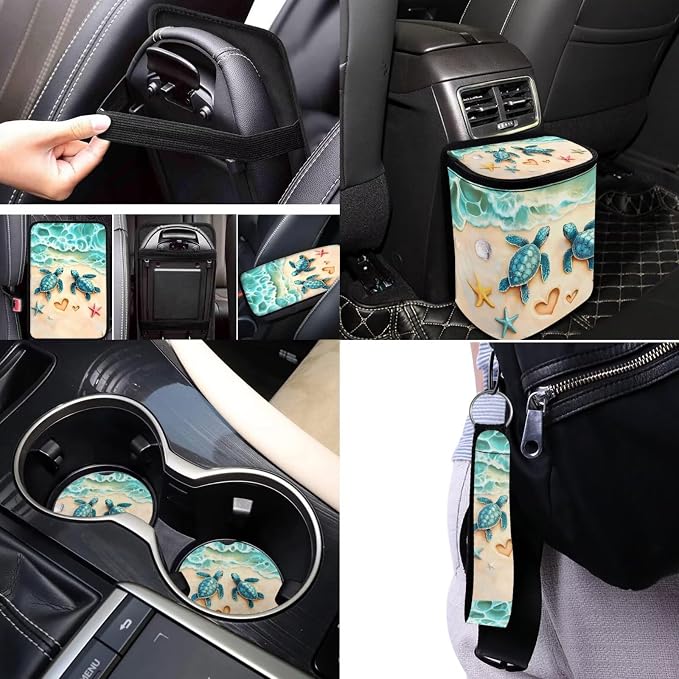 Sea Turtle Car Seat Covers Set Full Set with Rear View Mirror Cover,Green Sea Turtle Car Aaccessories of 17 Pcs,Universal Auto Interior Decor with Head Rest Covers,Car Trash Can for Women Man