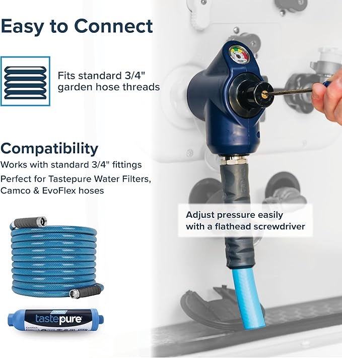Camco Tastepure 4-in-1 Adjustable RV Water Pressure Regulator - Combines a 90° RV Hose Elbow Design, Pressure Gauge, Adjustable Regulator, & Shut-Off Valve in One RV Accessory (40065)