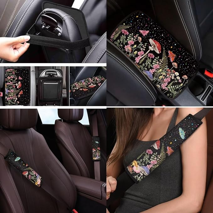 Mumeson Mushrooms Car Front Seat and Rear Bench Covers Car Seat Covers Set with 15 Inches Steering Wheel Cover Shoulder Cushion 15 Inches Steering Wheel Covers Armrest Cushion Pad