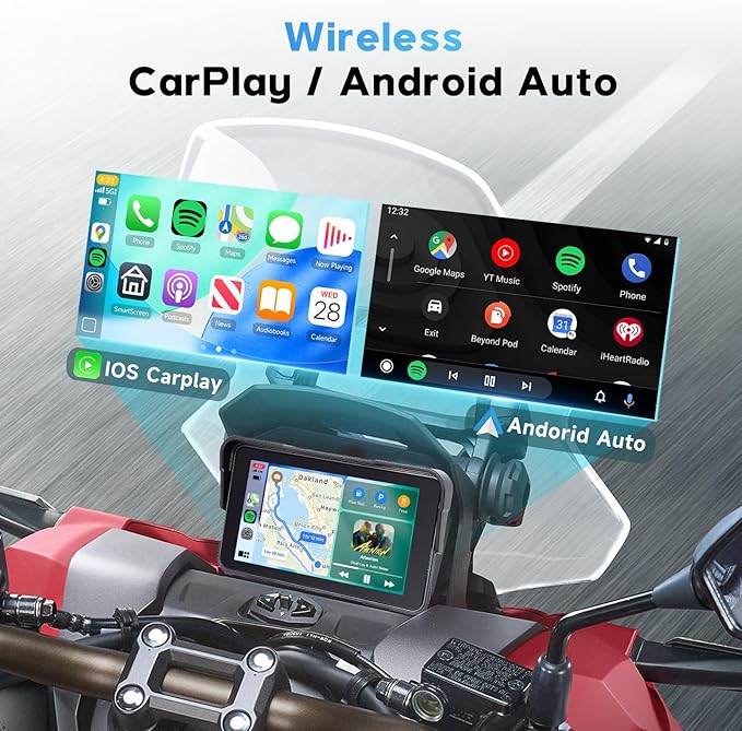 5-Inch Motorcycle CarPlay Screen Wireless Android Auto for Moto with GPS Navigation for Motorbike Bluetooth Voice Control Portable Moto Car Play Screen