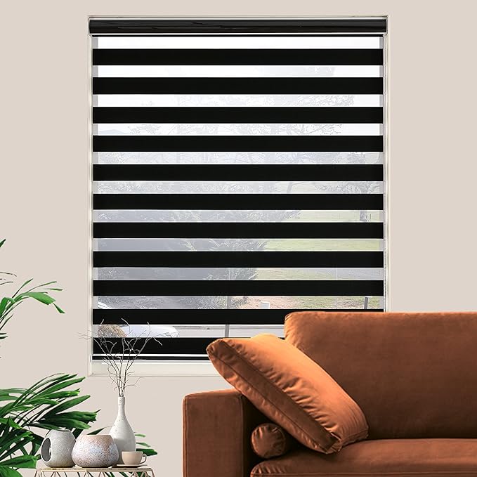 Blackout Zebra Blinds, Dual Layer Free-Stop, Room Darkening Zebra Shades, Blinds for Indoor Windows, Light Filtering Privacy Sheer Shade for Home(27" W X 72" H, Black)