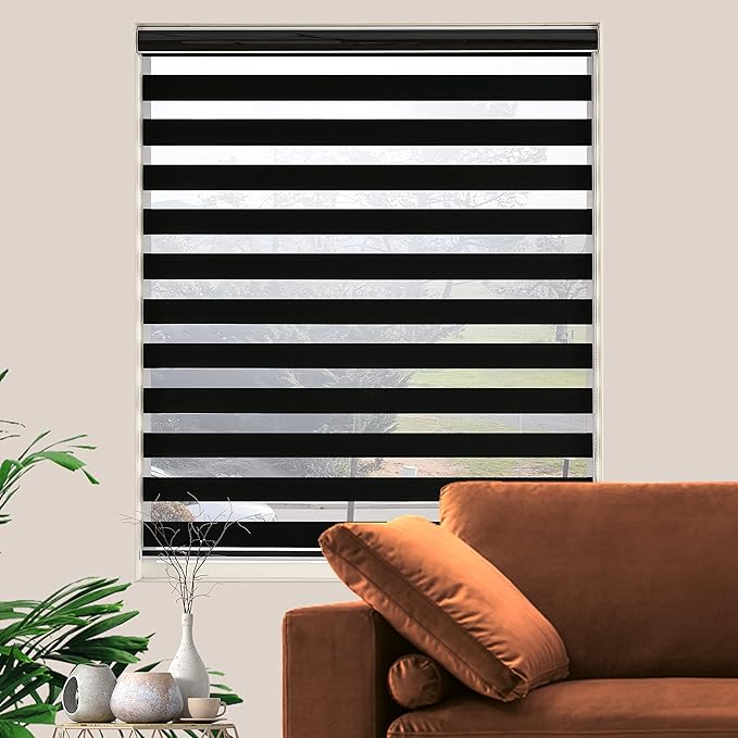 Blackout Zebra Blinds, Dual Layer Free-Stop, Room Darkening Zebra Shades, Blinds for Indoor Windows, Light Filtering Privacy Sheer Shade for Home(53" W X 72" H, Black)
