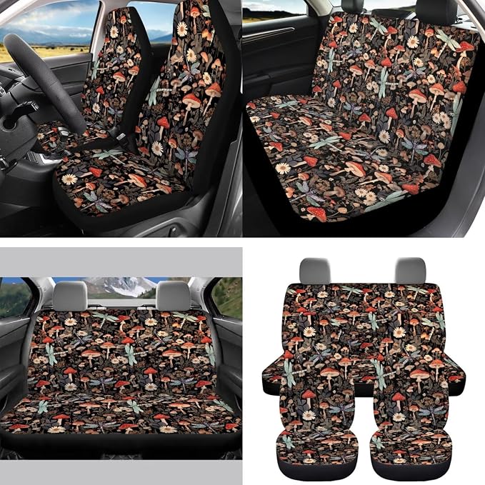 Mushroom Dragonfly 15Pcs Car Seat Cover Full Set Car Steering Wheel Cover Seat Belt Cover Trash Bin Front Rear View Mirror Car Cup Holder Keychain