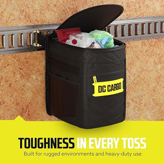 DC Cargo Mall E-Track Garbage Can – Spill-Proof Trash Cans for Trailers and RV’s – 2.5 Gallon Hanging Garbage Bin with Removable Liner & Storage Pockets – E-Track Accessories