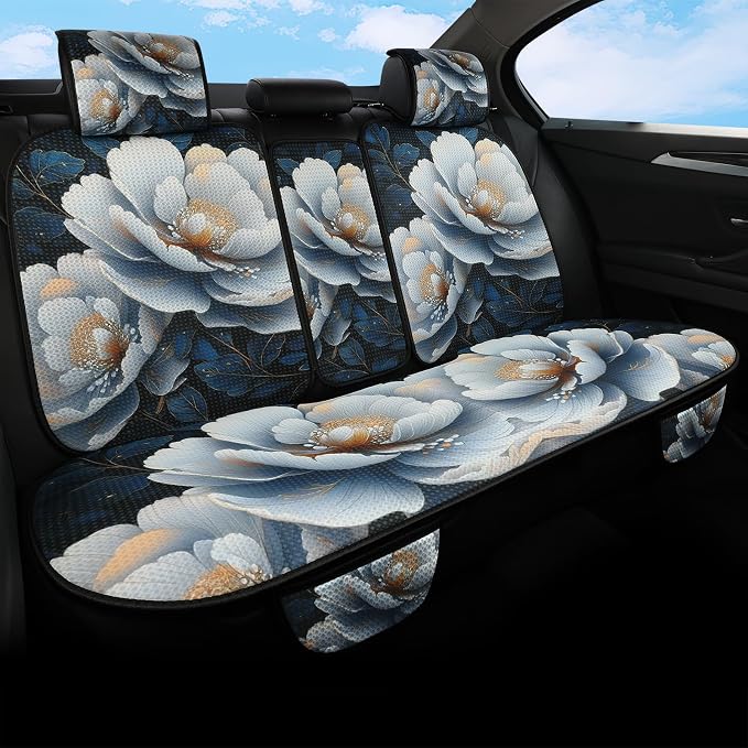 Luxury Boho Car Seat Covers Set,5-Seat Full Set with Headrest,White Peony Vintage Bohemian Floral Pattern Honeycomb Knit Fabric,Breathable&All-Season Universal Automotive Seat Protectors
