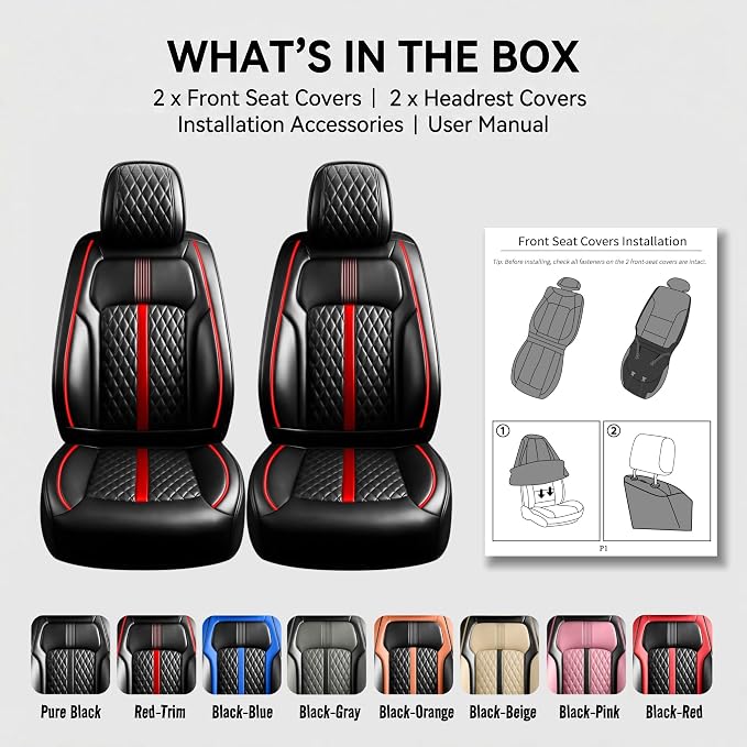 Fit SRX Car Seat Covers (Front Pair) for Select Cadillac SRX 2010-2016 - Premium Full Coverage Leather, Airbag Compatible & Scratch-Resistant, Waterproof & All Weather Seat Protector, Red Trim