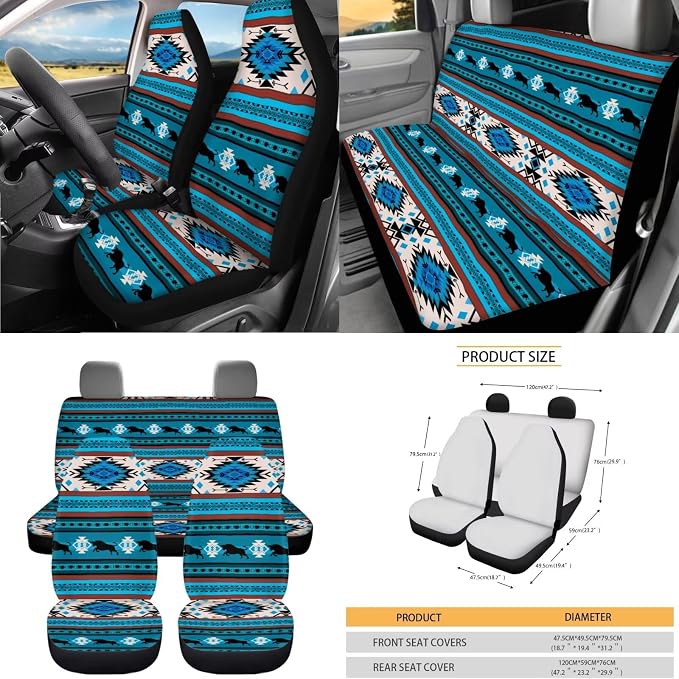 XYZCANDO Ethnic Patterns Auto Seat Cover Sets 15 PCS Car Seat Cover Set Steering Wheel Cover Seat Belt Pads Cover Storage Box Garbage Bag Car Rear View Mirror Cover Coasters Keychain Fit Most Cars