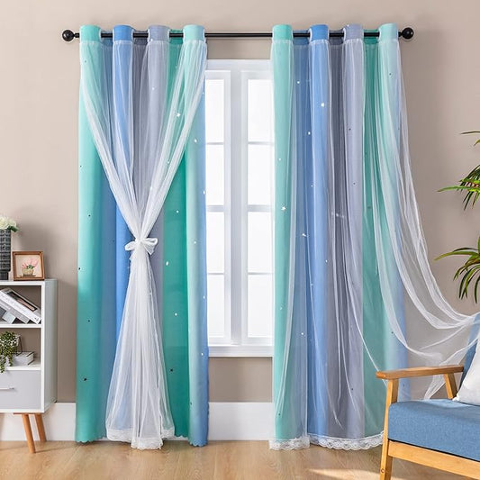 XiDi Blackout Curtains 84 Inches Long, Curtain for Kids Bedroom Decor for Girls Room, 2 Panels Set for Bedroom and Living Room,W52 x L84 inches Blue Green Grey